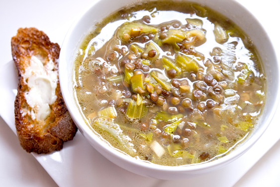 Roasted celery, leek and French green lentil soup